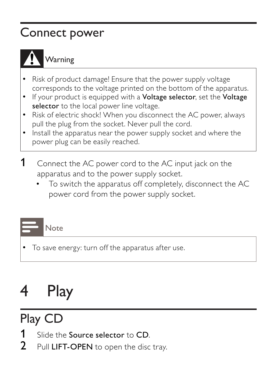 4 play, Connect power, Play cd | Philips AZ1852 User Manual | Page 15 / 29