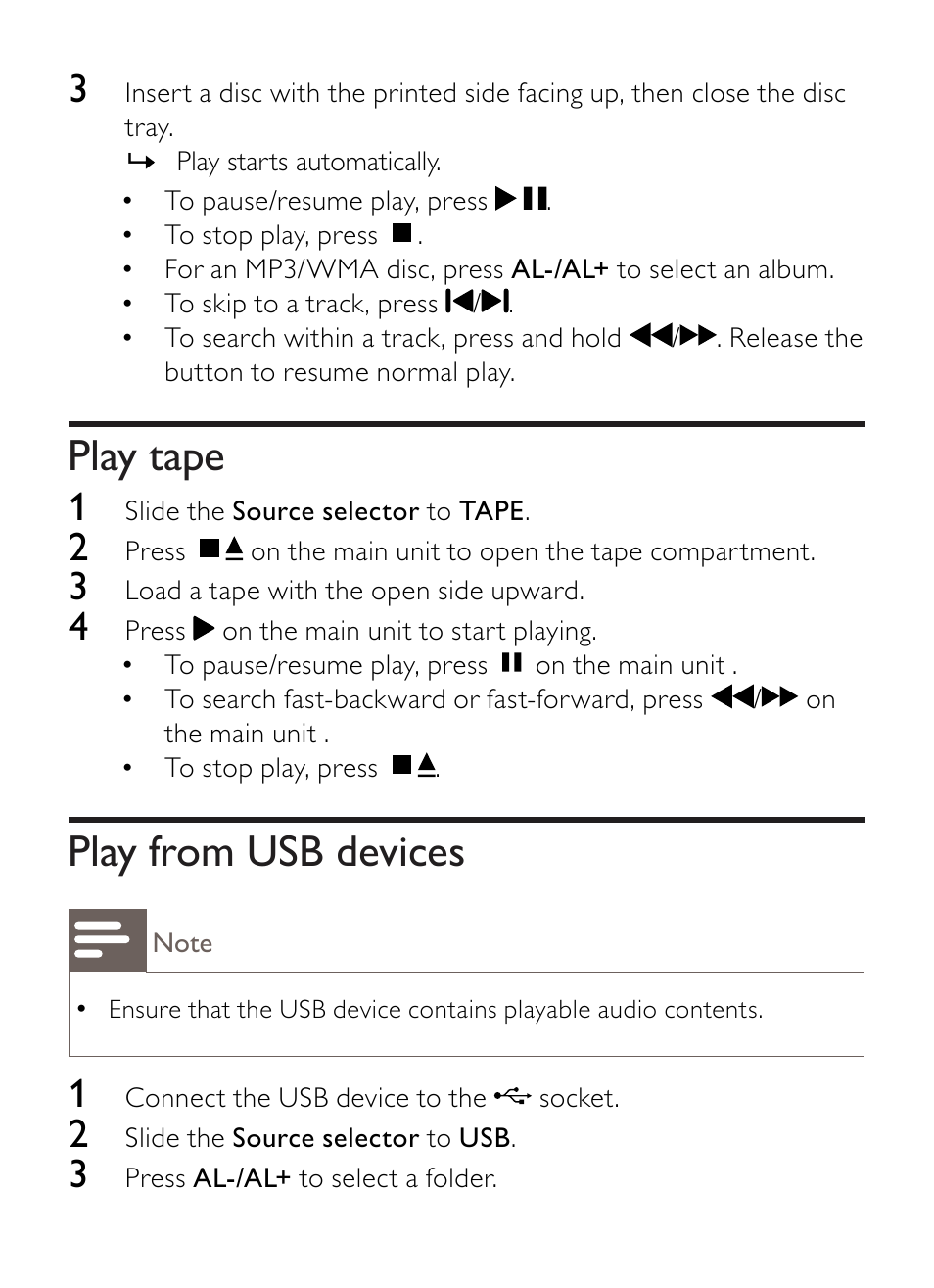 Play tape, Play from usb devices | Philips AZ1852 User Manual | Page 16 / 29