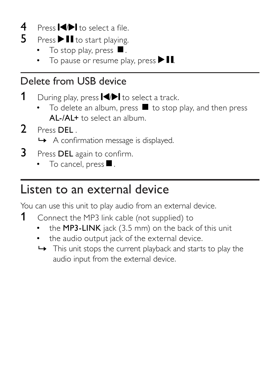 Listen to an external device, Delete from usb device | Philips AZ1852 User Manual | Page 17 / 29