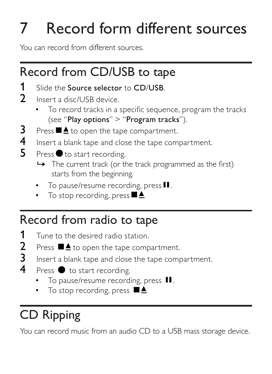 7 record form different sources, Record from cd/usb to tape, Record from radio to tape | Cd ripping | Philips AZ1852 User Manual | Page 20 / 29