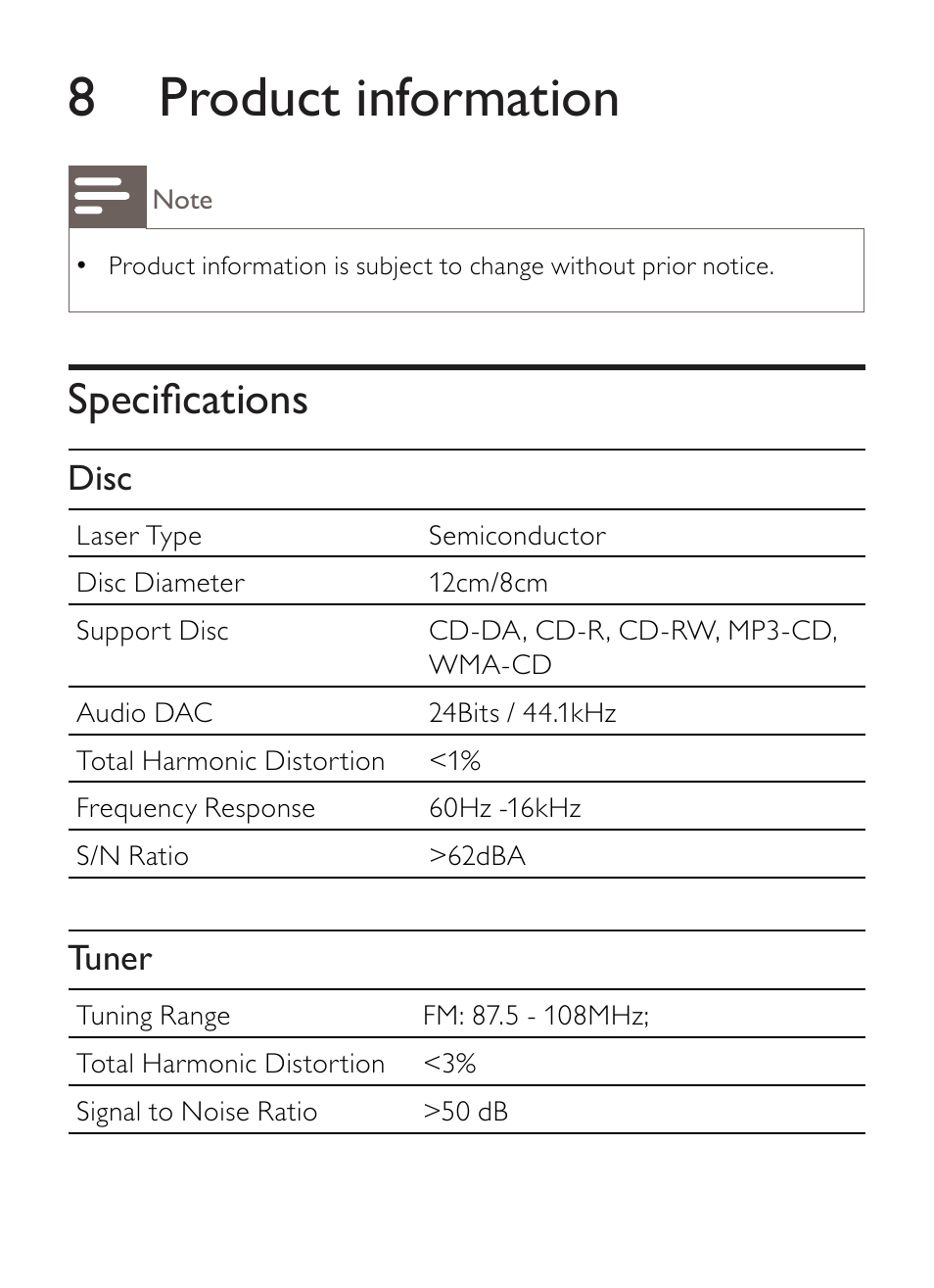 8 product information, Specifications, Disc | Tuner | Philips AZ1852 User Manual | Page 23 / 29