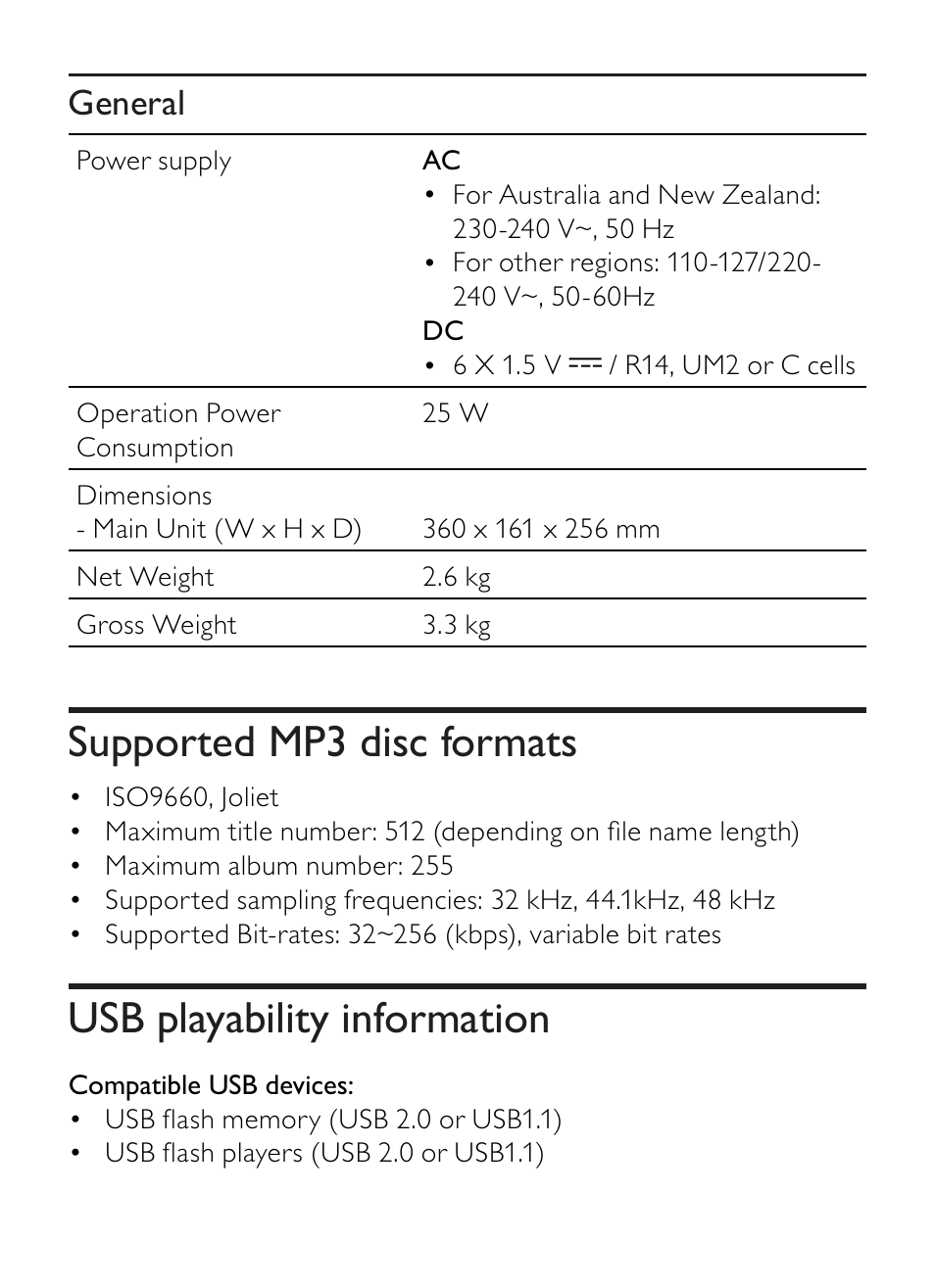 Supported mp3 disc formats, Usb playability information, General | Philips AZ1852 User Manual | Page 24 / 29