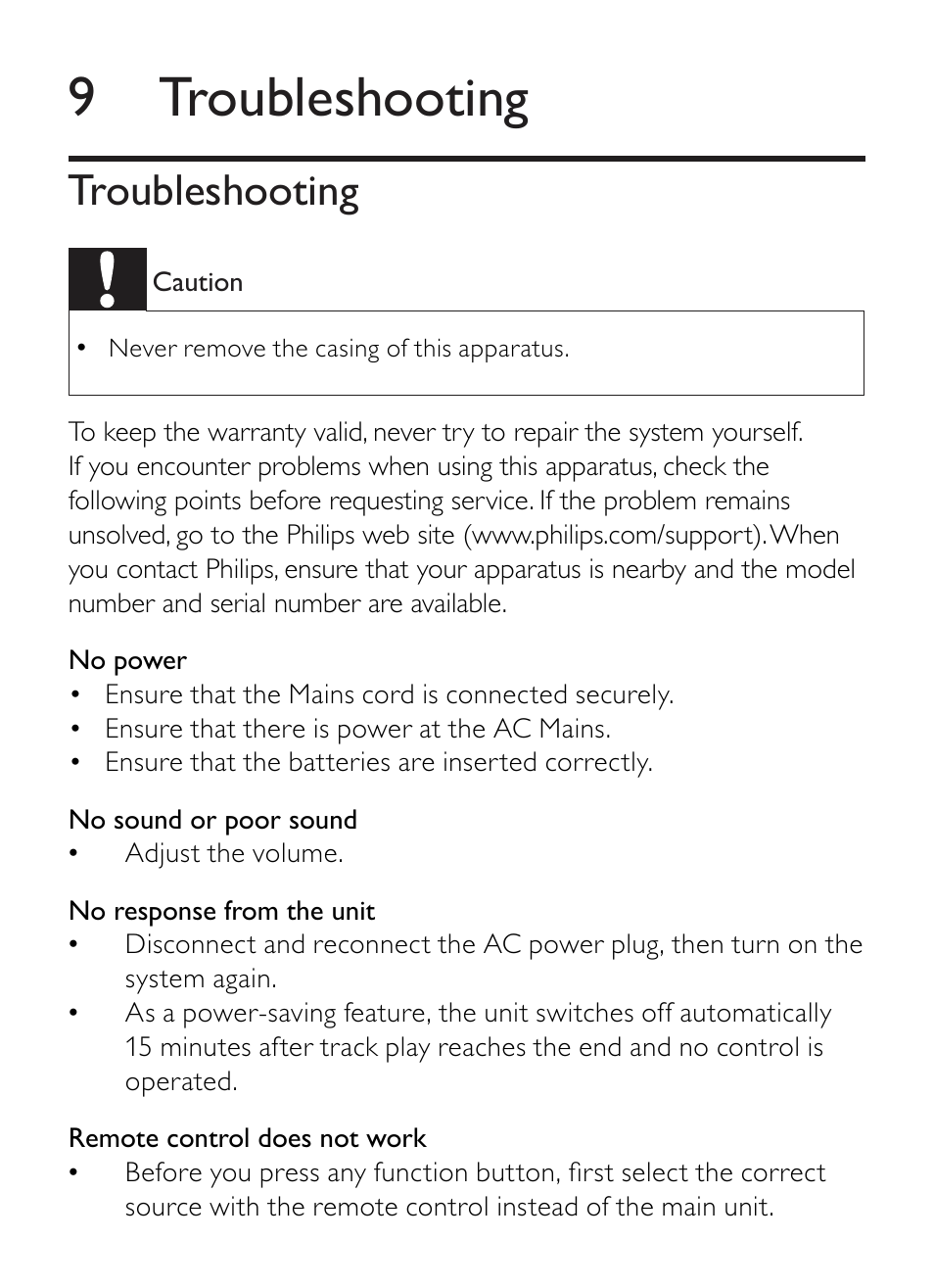 9 troubleshooting, Troubleshooting | Philips AZ1852 User Manual | Page 27 / 29