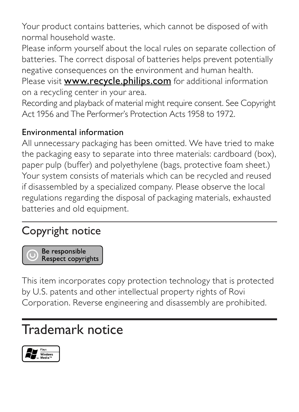 Trademark notice | Philips AZ1852 User Manual | Page 6 / 29