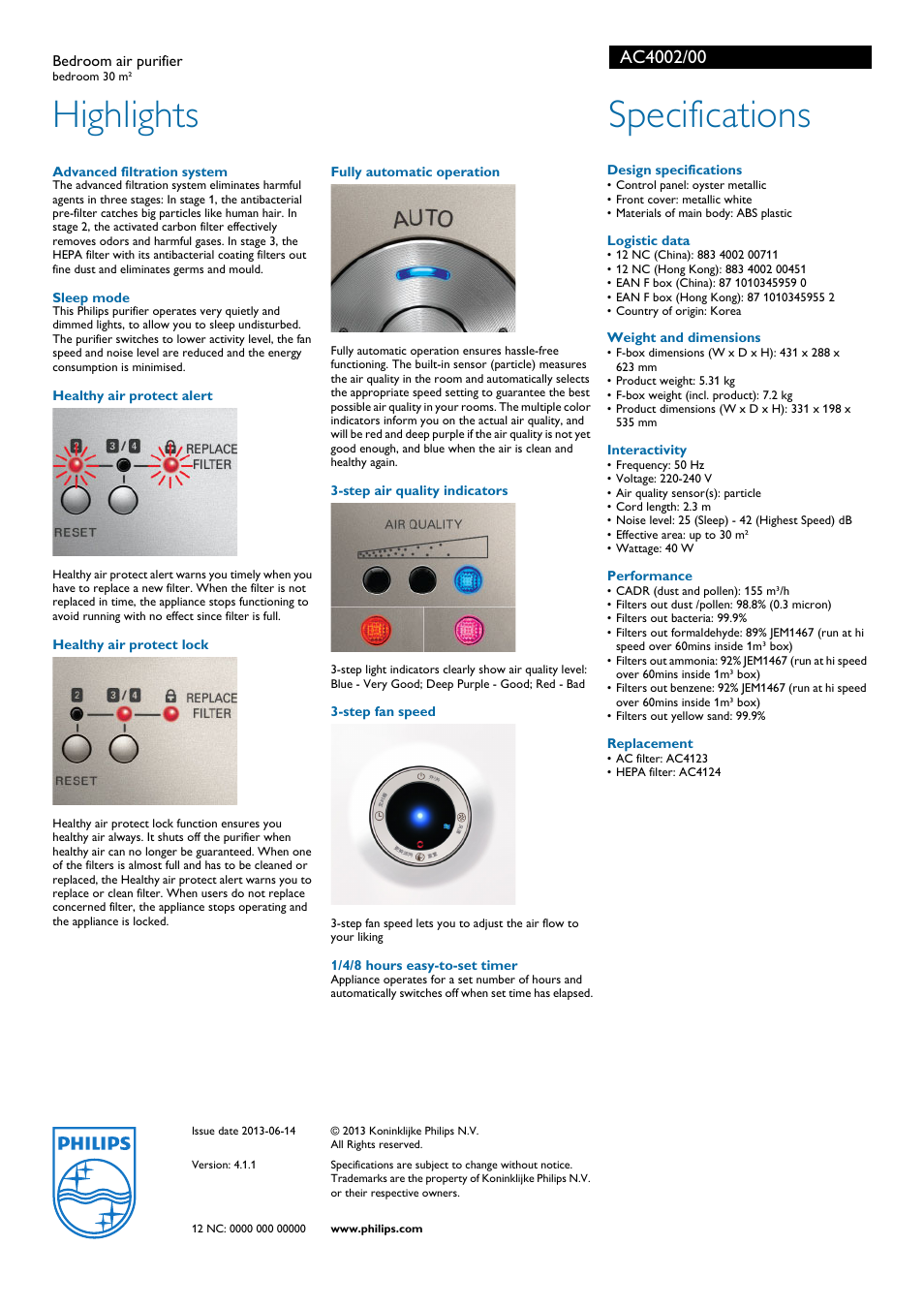 Highlights, Specifications | Philips AC4002/00 User Manual | Page 2 / 2