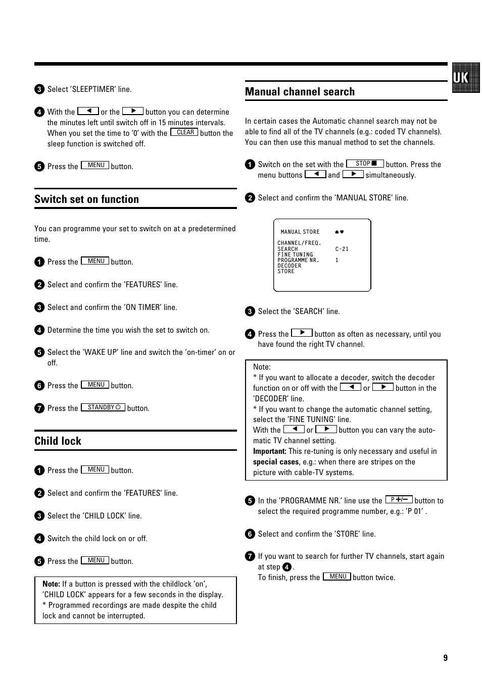 Switch set on function, Child lock, Manual channel search | Philips 21PV288/05 User Manual | Page 11 / 12