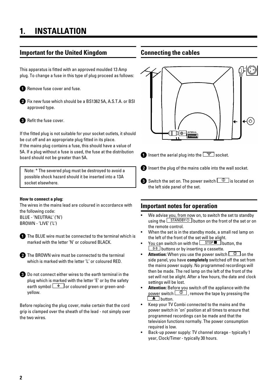 Installation, Important for the united kingdom, Connecting the cables | Philips 21PV288/05 User Manual | Page 4 / 12