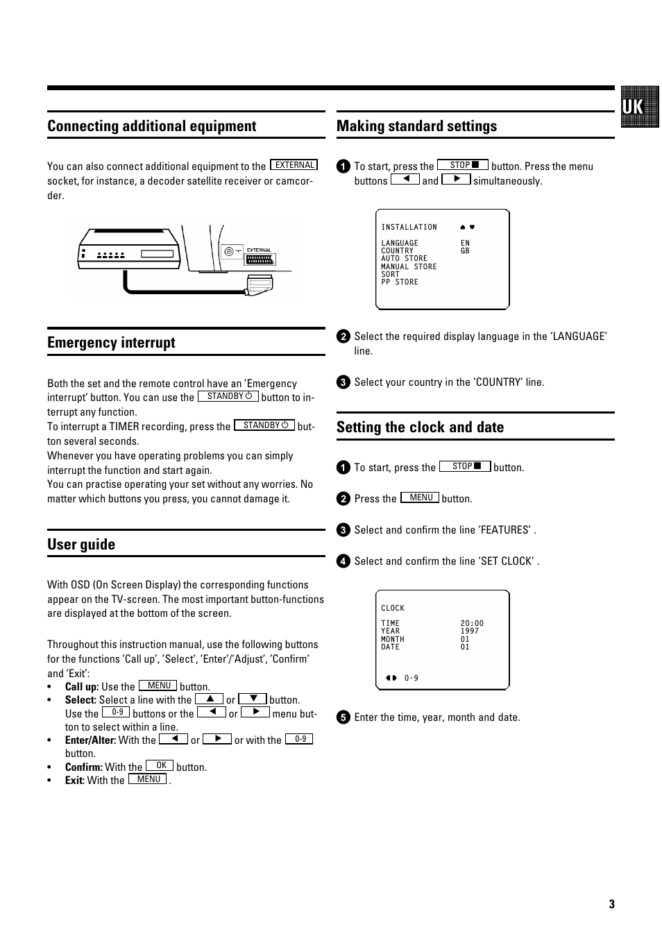 Connecting additional equipment, Emergency interrupt, User guide | Making standard settings, Setting the clock and date | Philips 21PV288/05 User Manual | Page 5 / 12