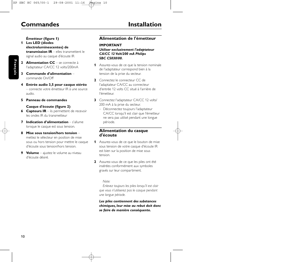 Commandes installation | Philips HC065 User Manual | Page 10 / 85