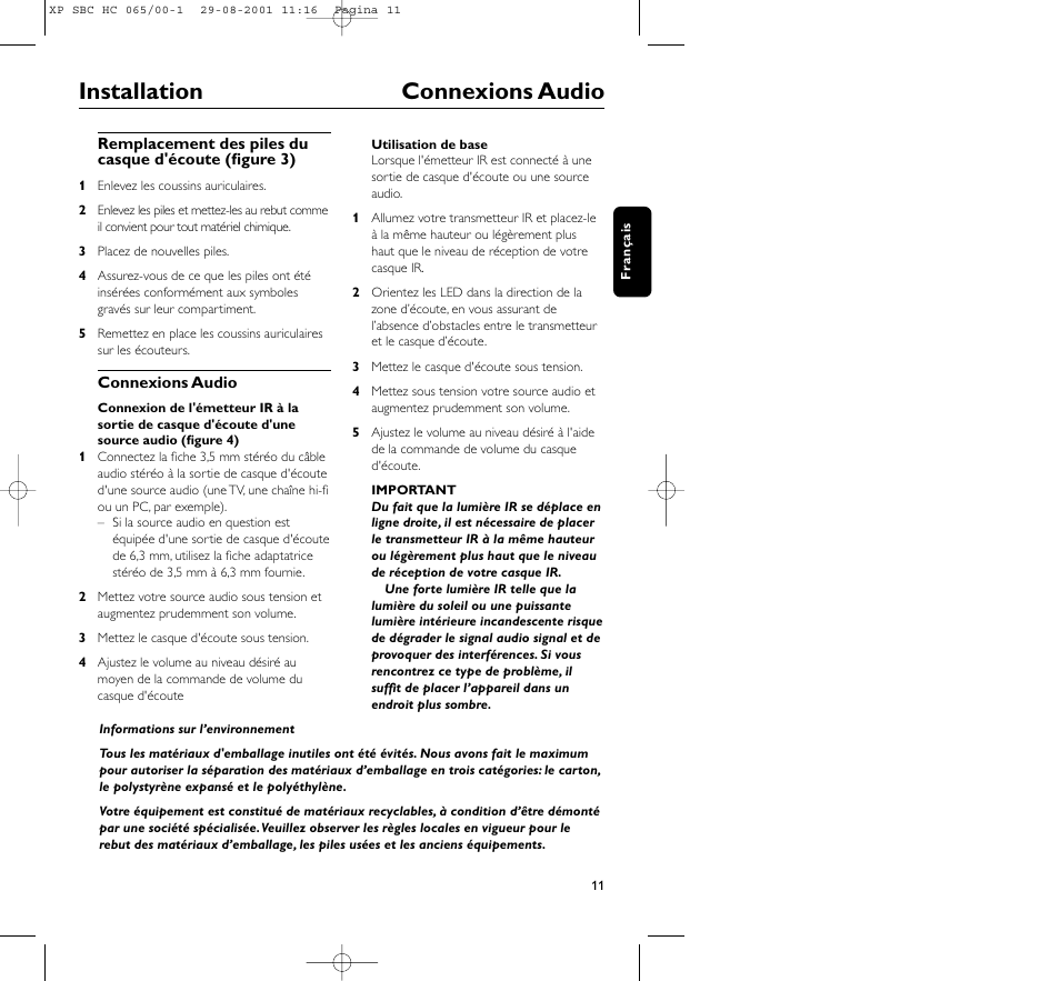 Installation connexions audio | Philips HC065 User Manual | Page 11 / 85