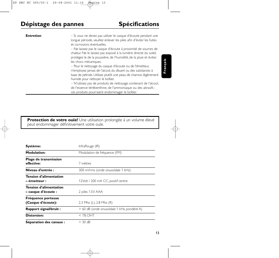 Dépistage des pannes spécifications | Philips HC065 User Manual | Page 13 / 85