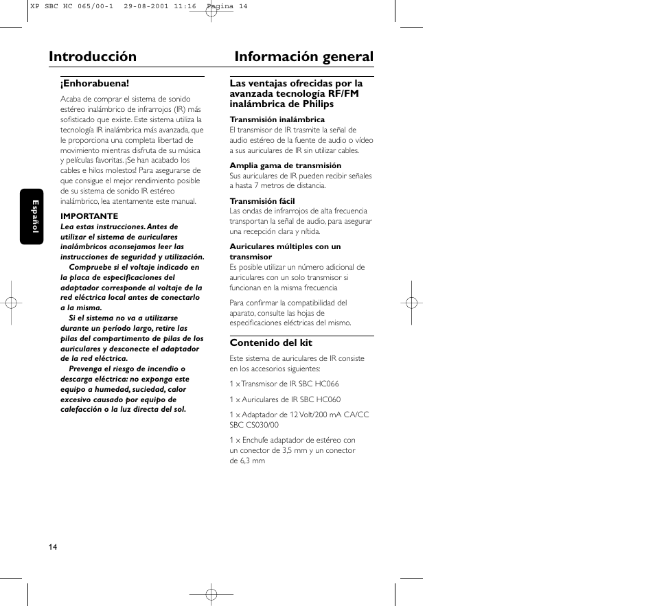 Introducción información general | Philips HC065 User Manual | Page 14 / 85