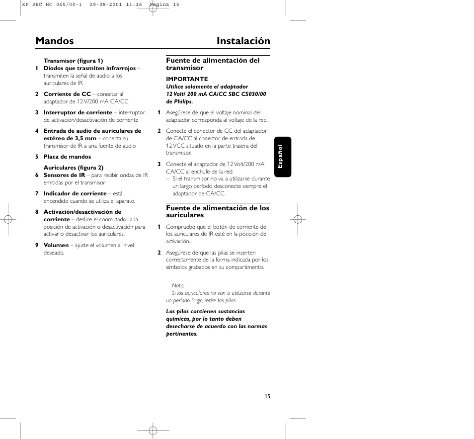 Mandos instalación | Philips HC065 User Manual | Page 15 / 85