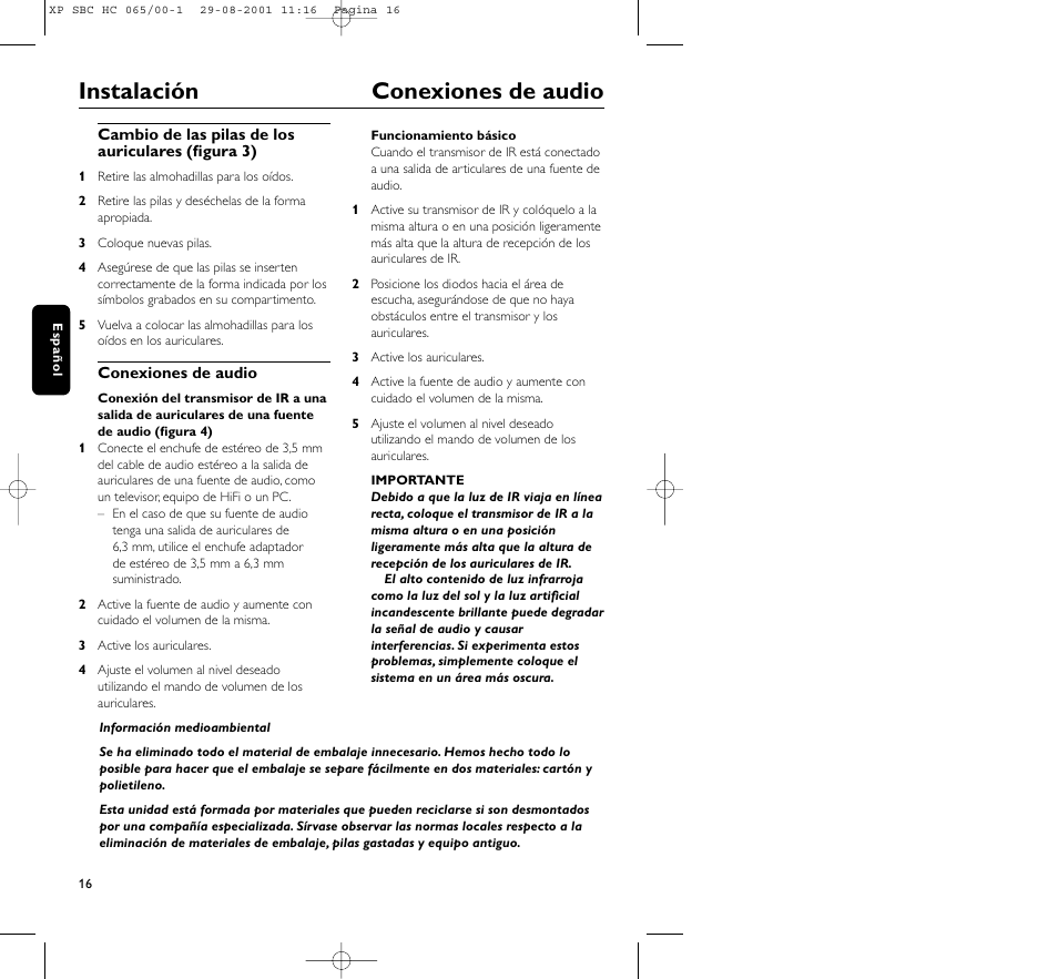 Instalación conexiones de audio | Philips HC065 User Manual | Page 16 / 85