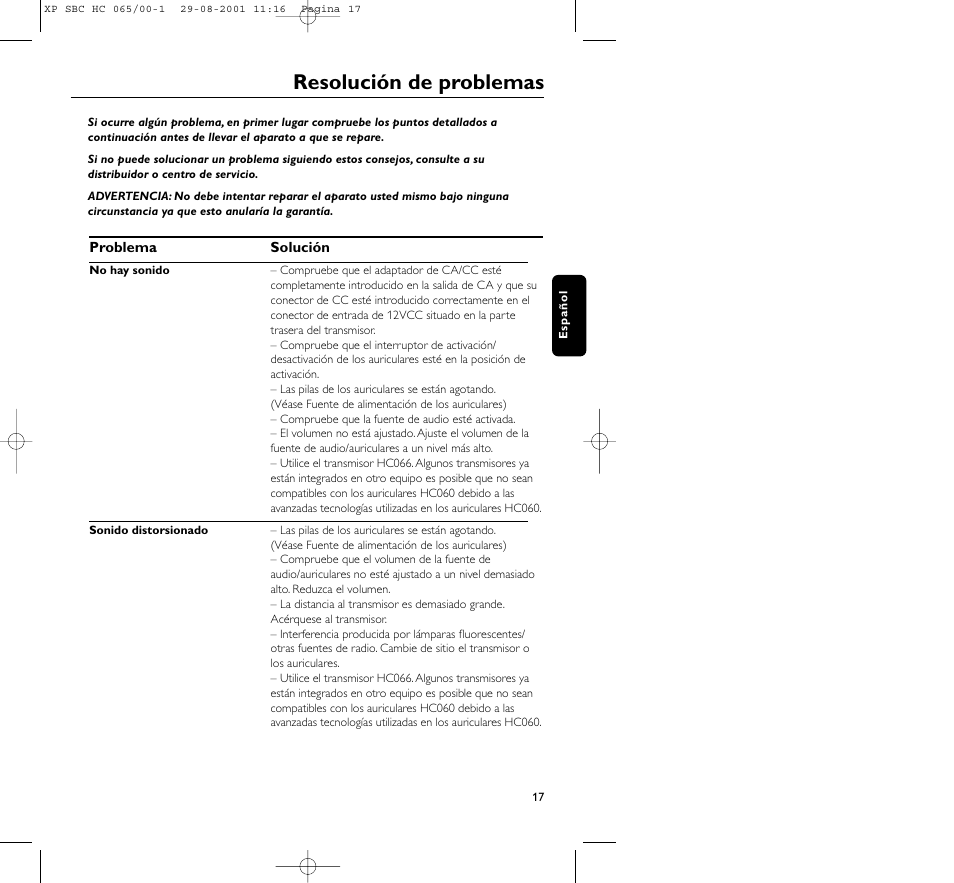 Resolución de problemas | Philips HC065 User Manual | Page 17 / 85