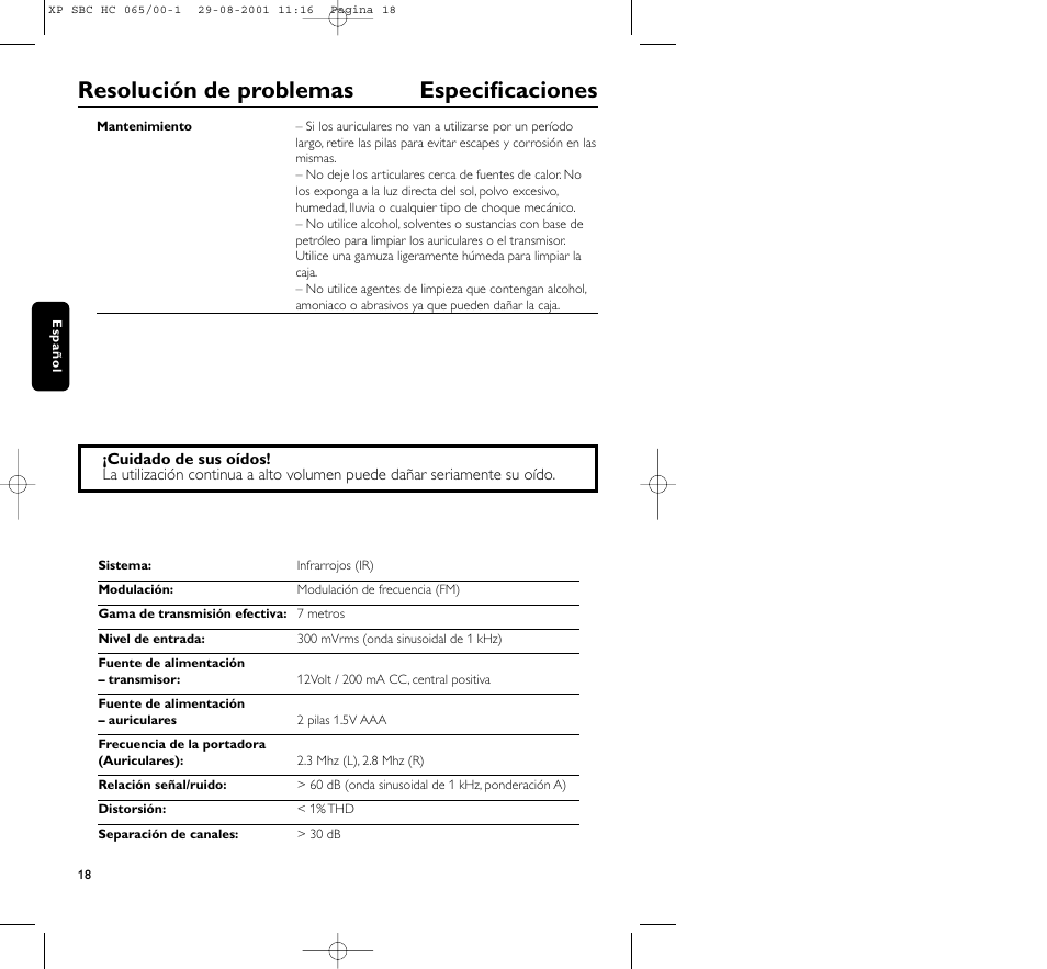 Resolución de problemas especificaciones | Philips HC065 User Manual | Page 18 / 85