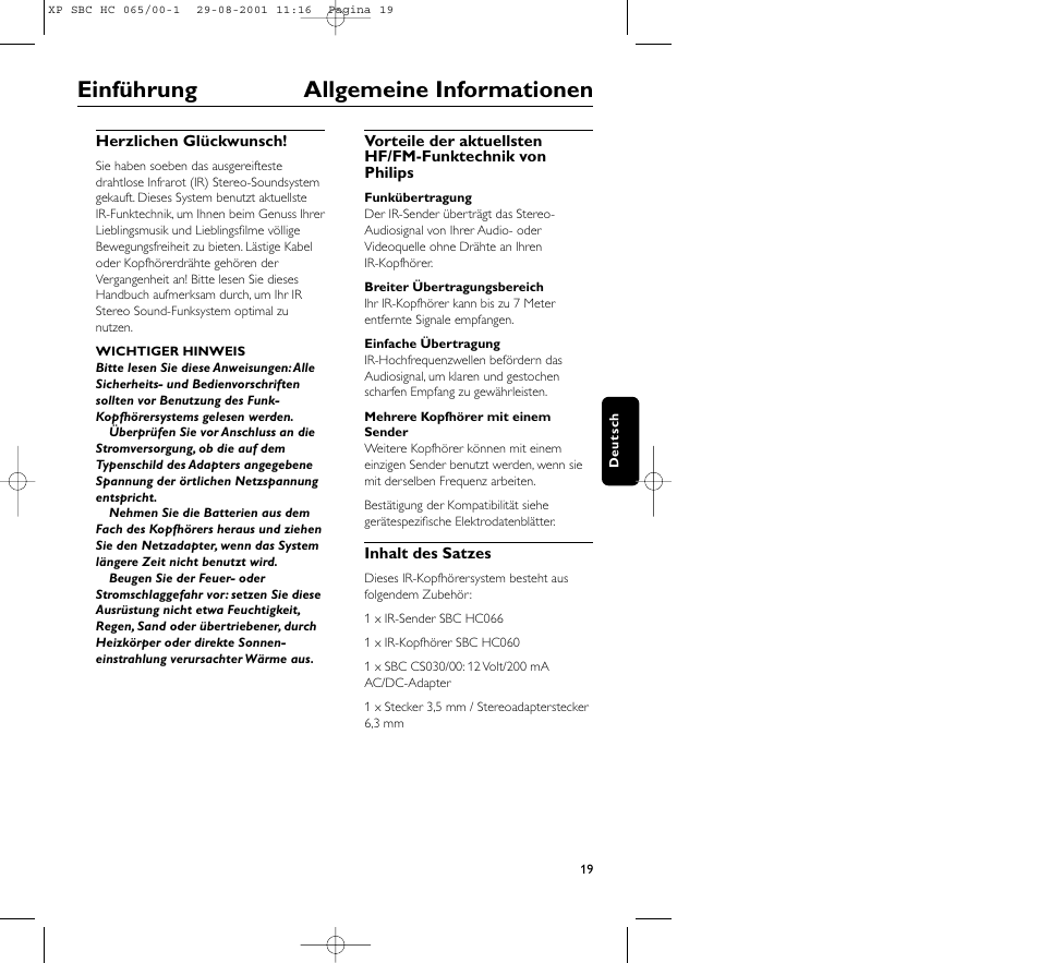 Einführung allgemeine informationen | Philips HC065 User Manual | Page 19 / 85