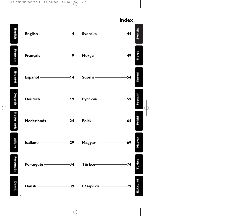 Index | Philips HC065 User Manual | Page 2 / 85