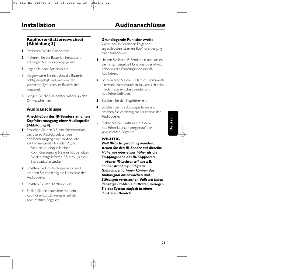 Installation audioanschlüsse | Philips HC065 User Manual | Page 21 / 85
