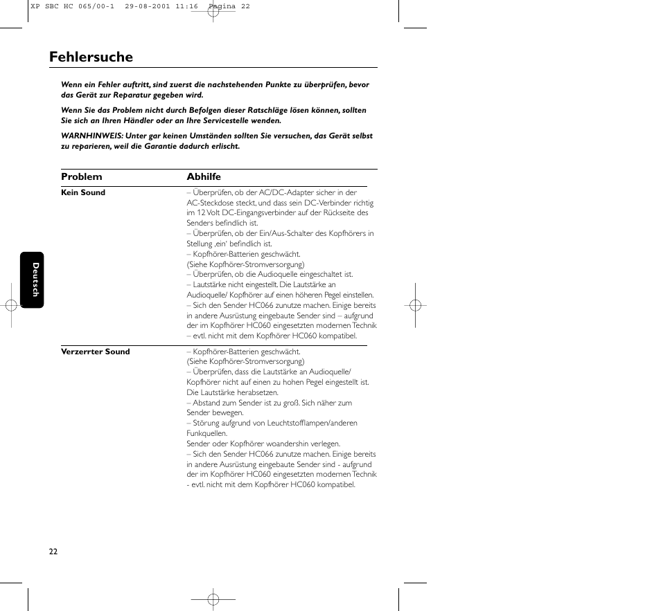Fehlersuche | Philips HC065 User Manual | Page 22 / 85