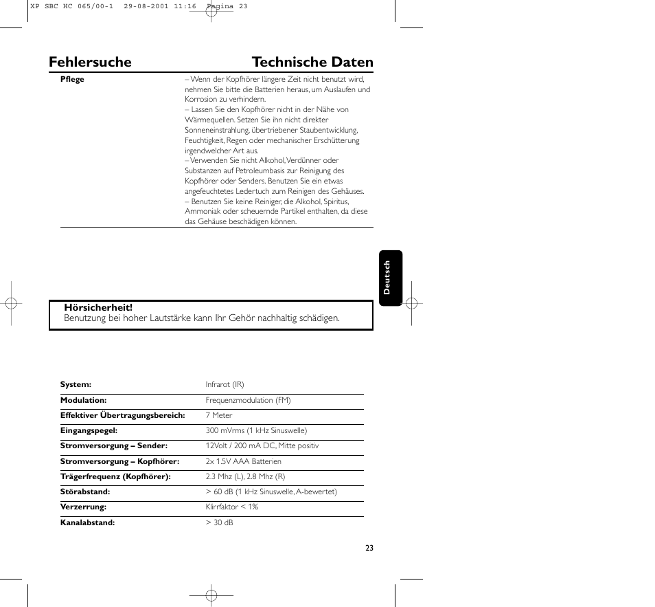 Fehlersuche technische daten | Philips HC065 User Manual | Page 23 / 85