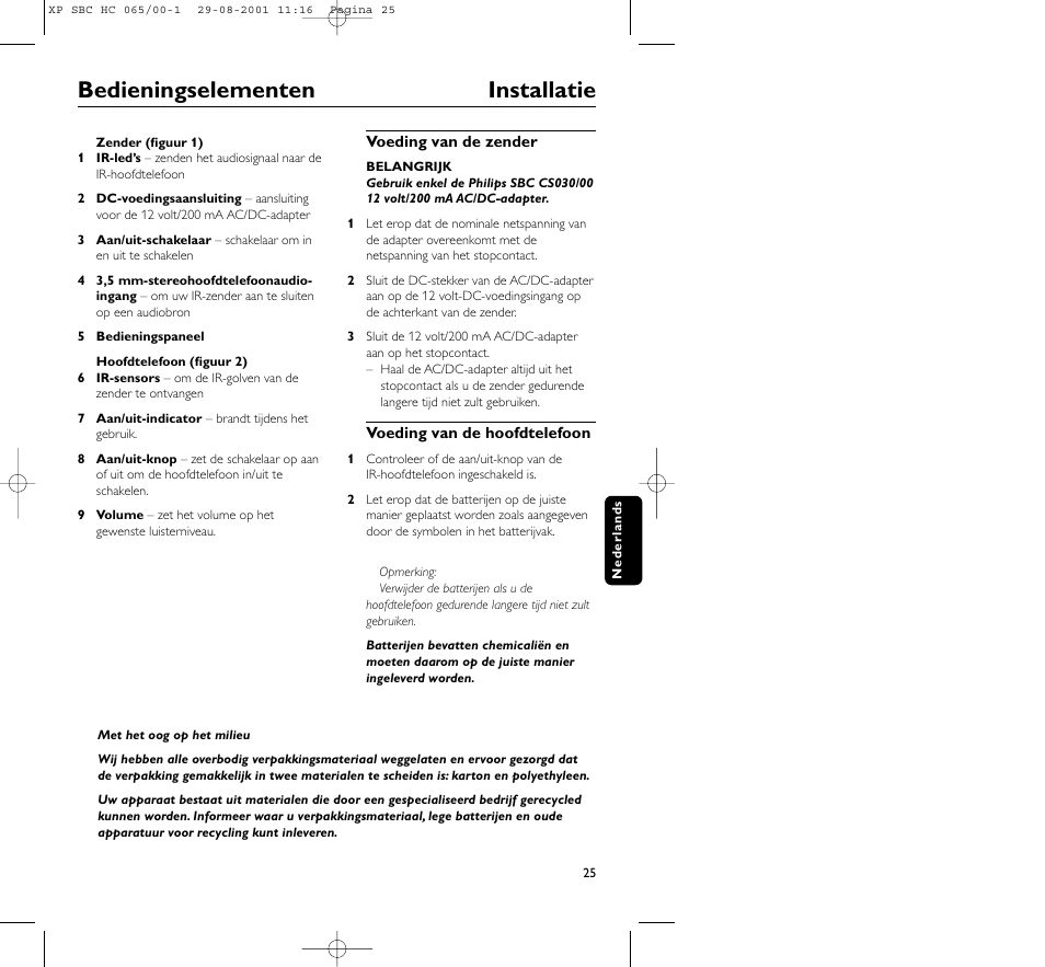 Bedieningselementen installatie | Philips HC065 User Manual | Page 25 / 85