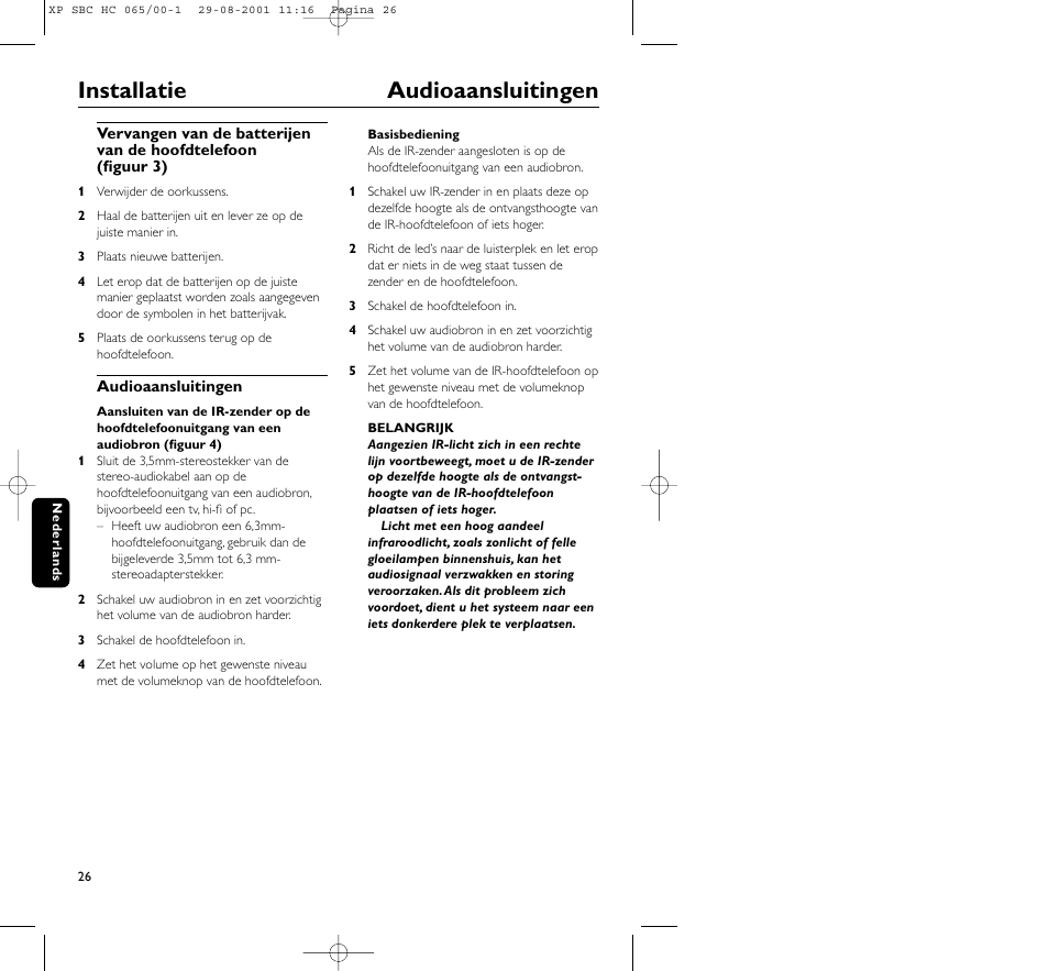 Installatie audioaansluitingen | Philips HC065 User Manual | Page 26 / 85