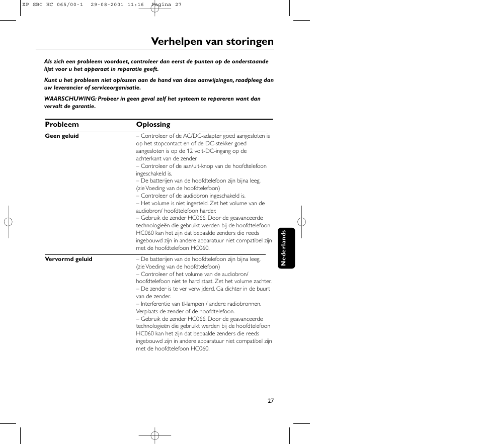 Verhelpen van storingen | Philips HC065 User Manual | Page 27 / 85