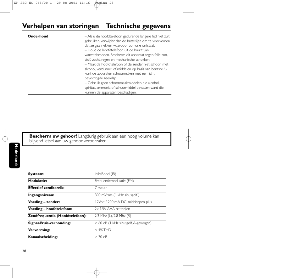 Verhelpen van storingen technische gegevens | Philips HC065 User Manual | Page 28 / 85