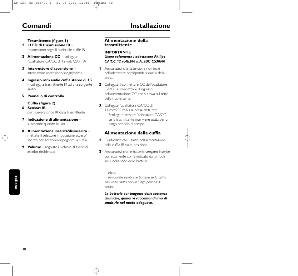 Comandi installazione | Philips HC065 User Manual | Page 30 / 85