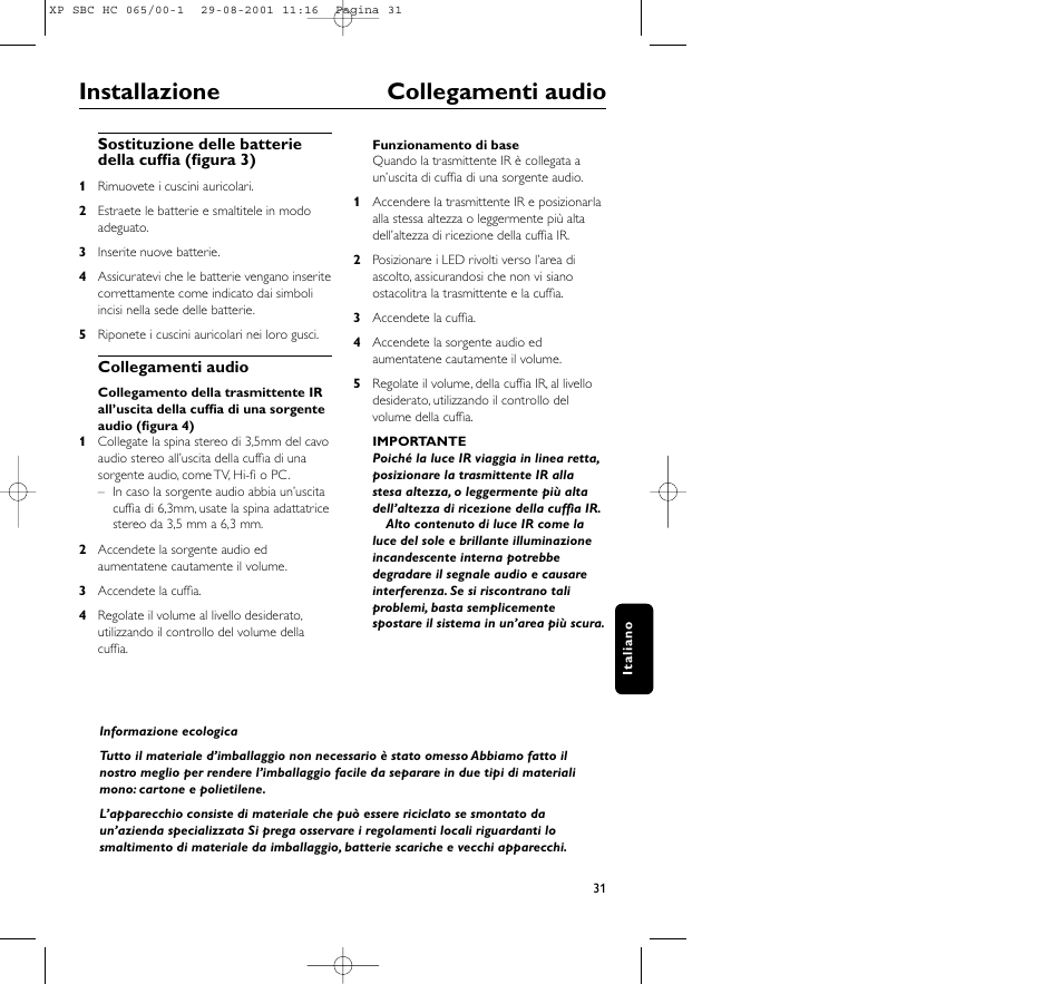 Installazione collegamenti audio | Philips HC065 User Manual | Page 31 / 85