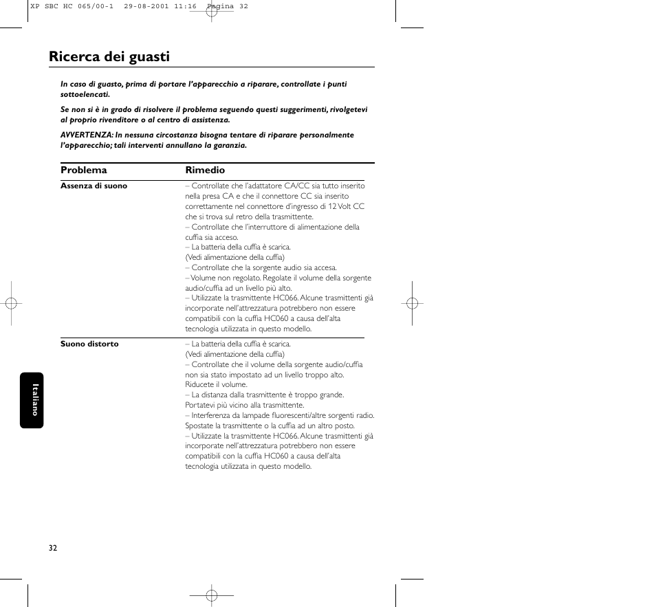 Ricerca dei guasti | Philips HC065 User Manual | Page 32 / 85