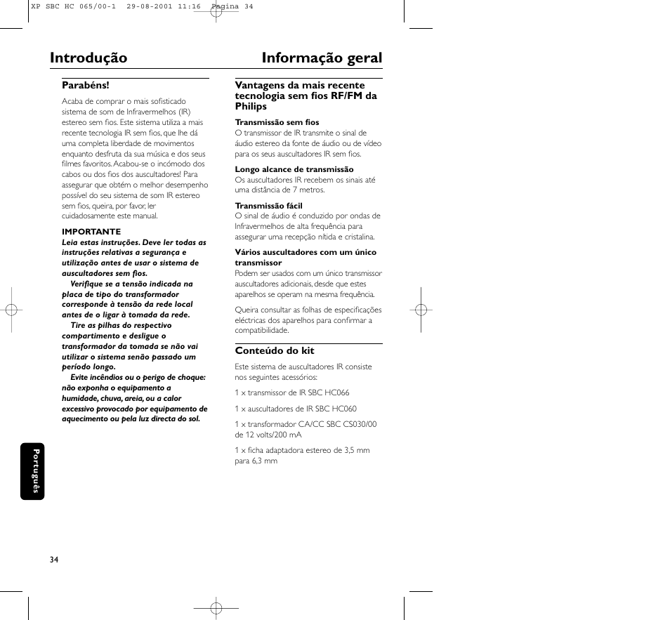 Introdução informação geral | Philips HC065 User Manual | Page 34 / 85