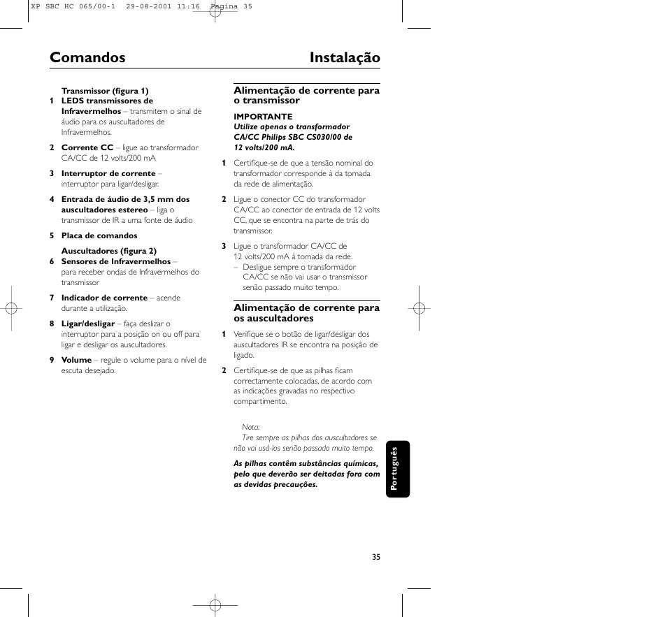 Comandos instalação | Philips HC065 User Manual | Page 35 / 85