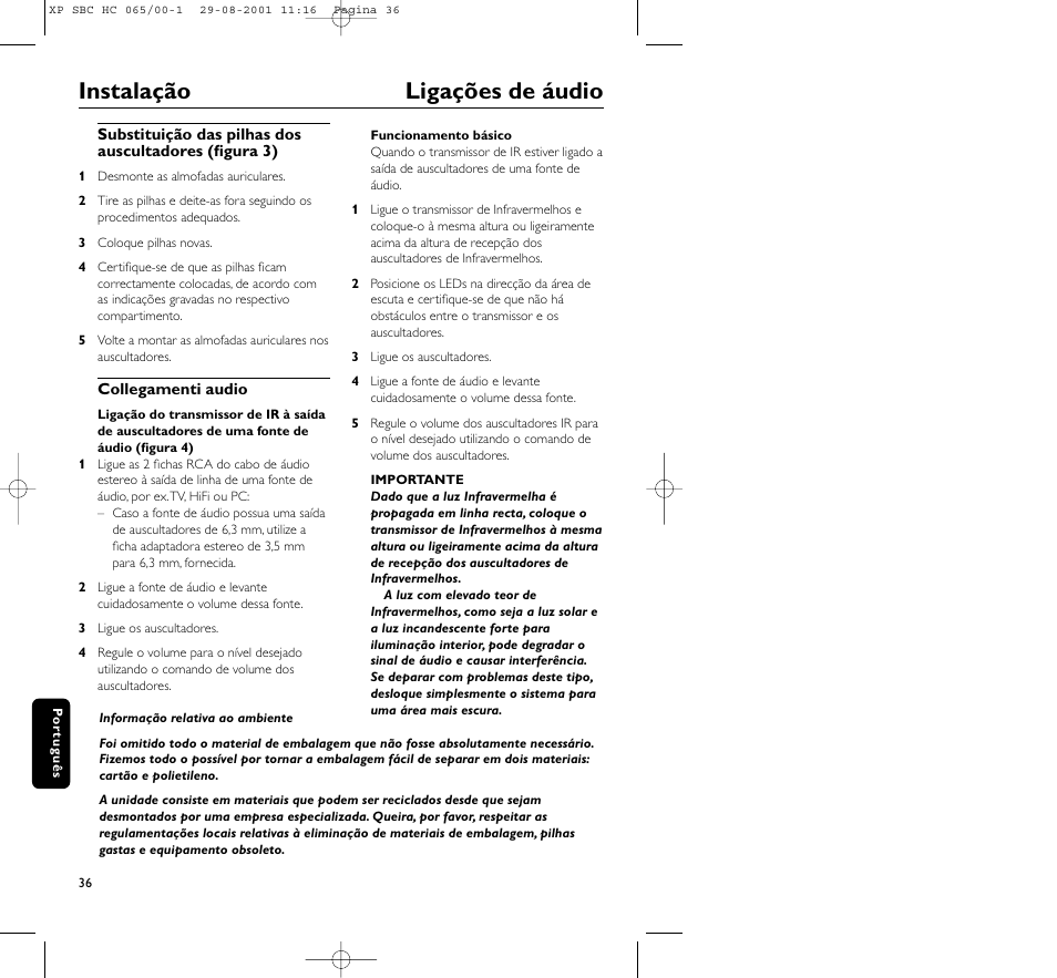 Instalação ligações de áudio | Philips HC065 User Manual | Page 36 / 85