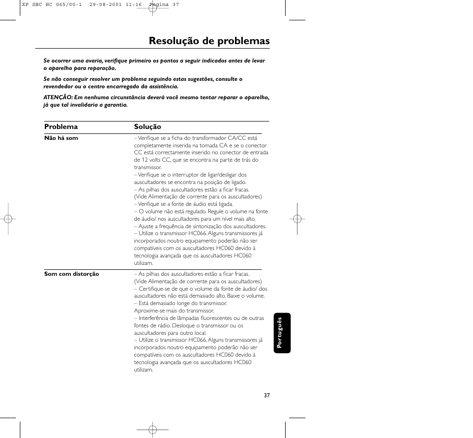 Resolução de problemas | Philips HC065 User Manual | Page 37 / 85