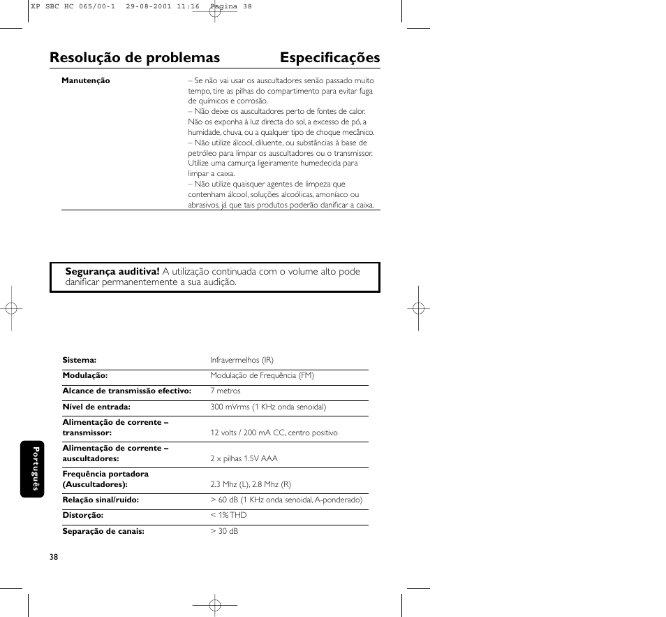 Resolução de problemas especificações | Philips HC065 User Manual | Page 38 / 85