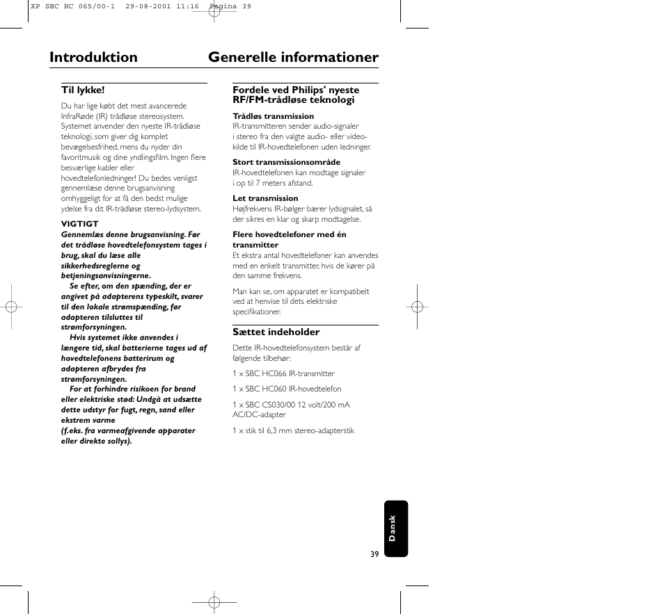 Introduktion generelle informationer | Philips HC065 User Manual | Page 39 / 85