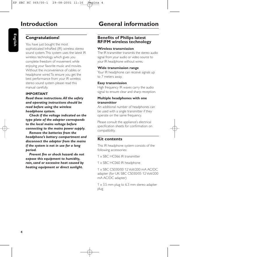 Introduction general information | Philips HC065 User Manual | Page 4 / 85