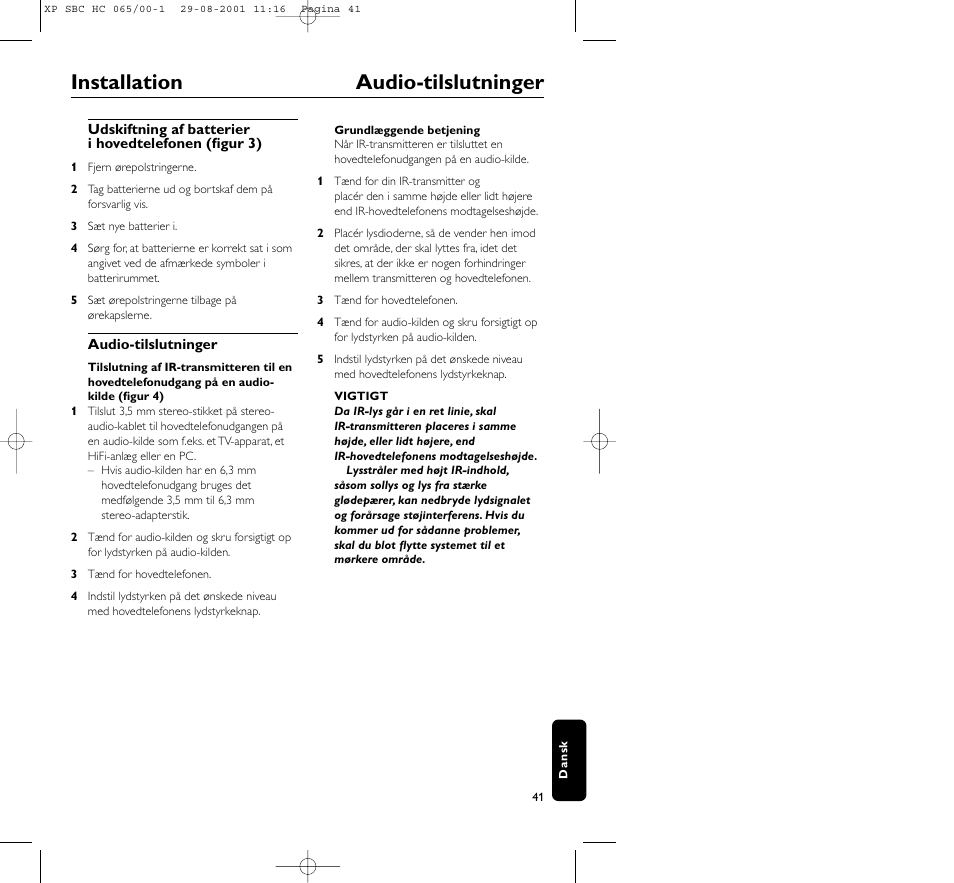 Installation audio-tilslutninger | Philips HC065 User Manual | Page 41 / 85