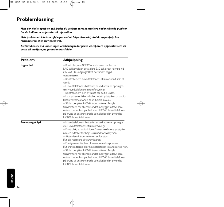 Problemløsning | Philips HC065 User Manual | Page 42 / 85