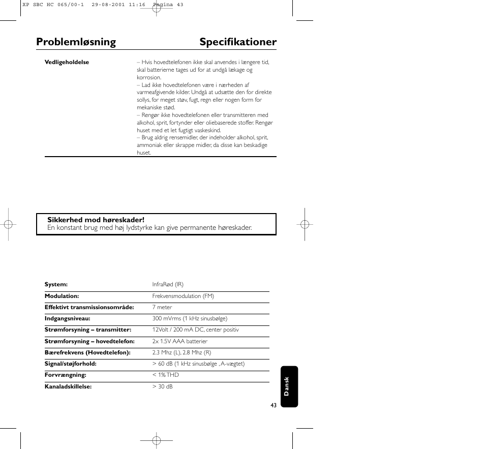Problemløsning specifikationer | Philips HC065 User Manual | Page 43 / 85