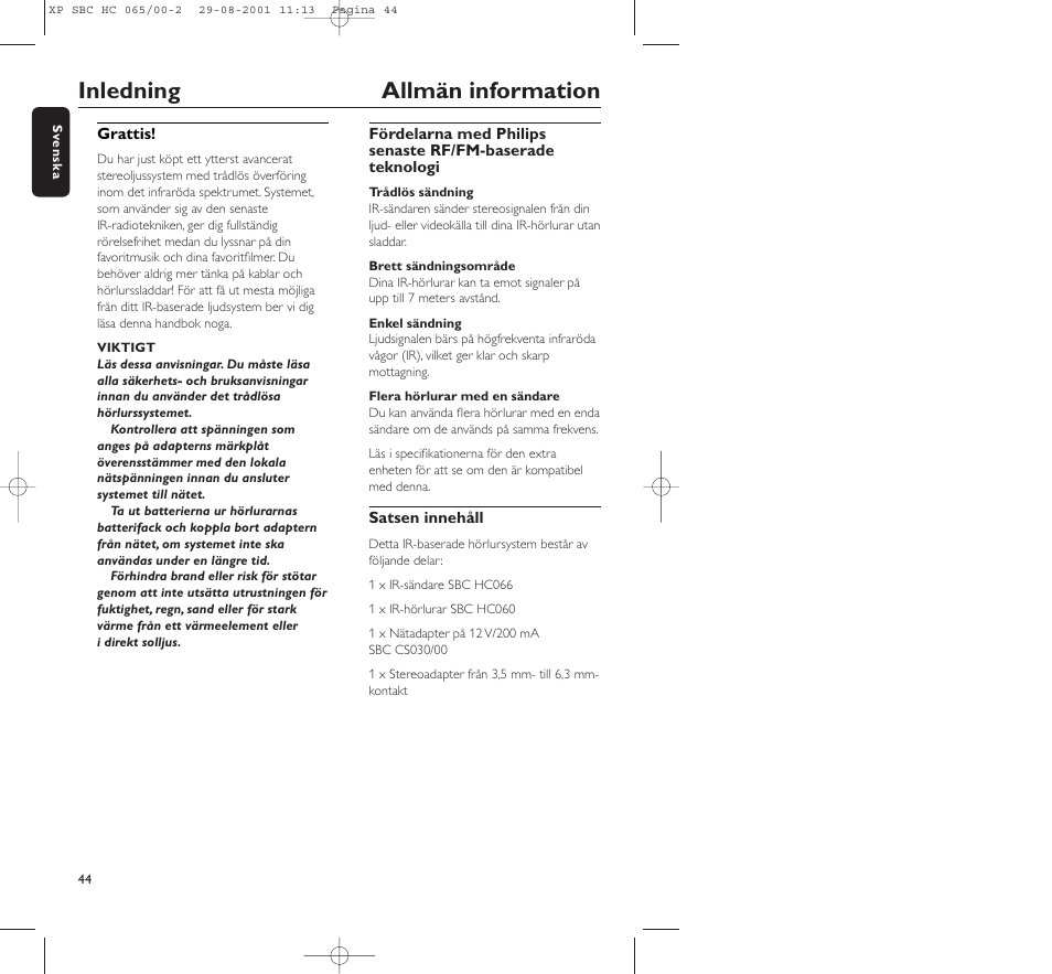 Inledning allmän information | Philips HC065 User Manual | Page 44 / 85