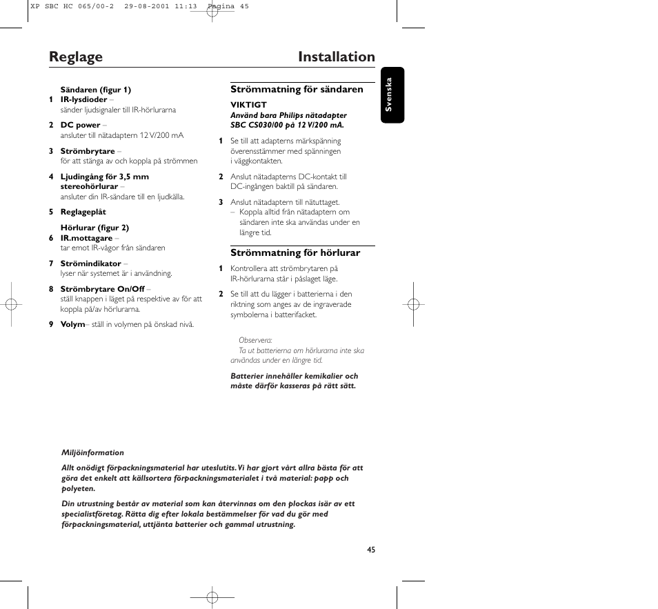 Reglage installation | Philips HC065 User Manual | Page 45 / 85