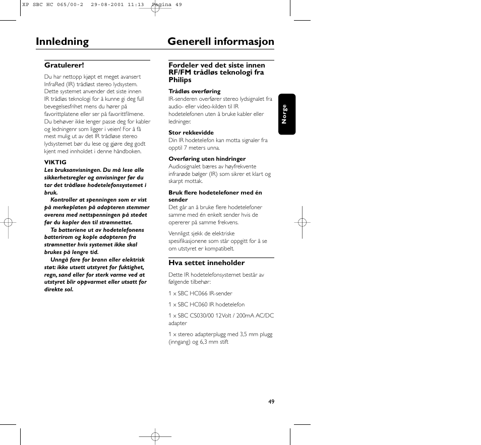 Innledning generell informasjon | Philips HC065 User Manual | Page 49 / 85