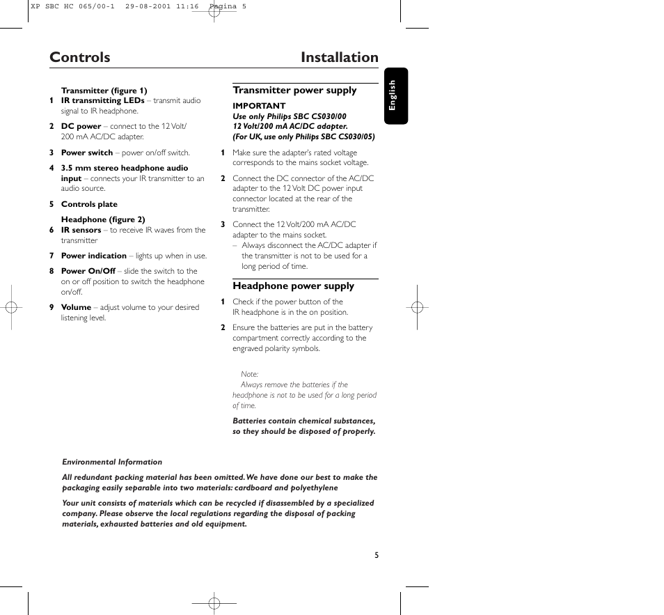 Controls installation | Philips HC065 User Manual | Page 5 / 85