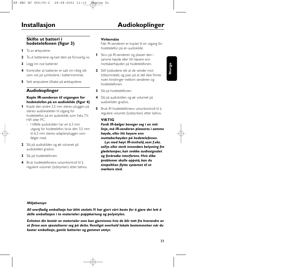 Installasjon audiokoplinger | Philips HC065 User Manual | Page 51 / 85