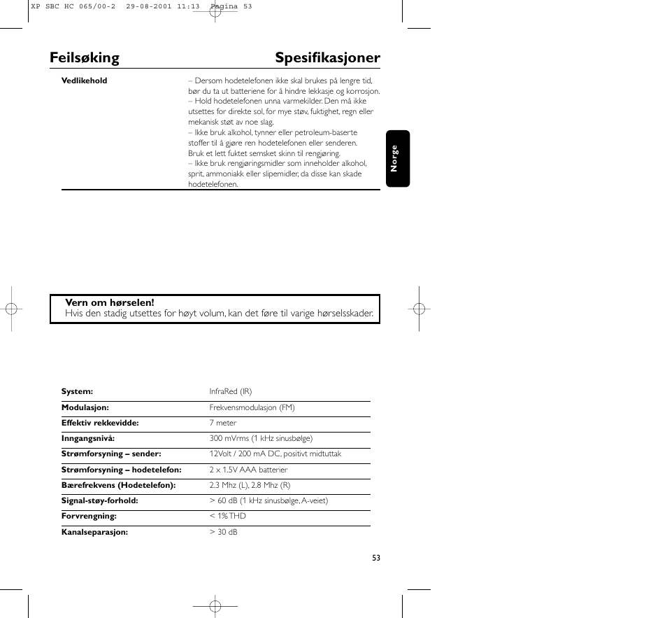 Feilsøking spesifikasjoner | Philips HC065 User Manual | Page 53 / 85