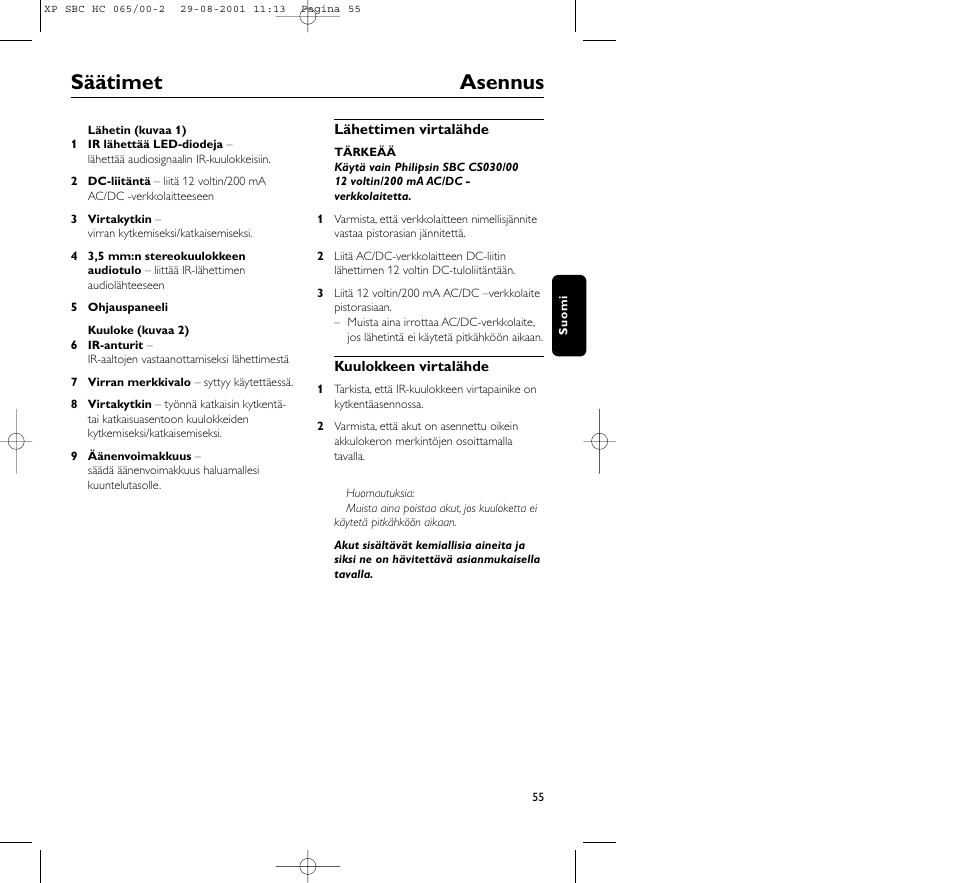 Säätimet asennus | Philips HC065 User Manual | Page 55 / 85