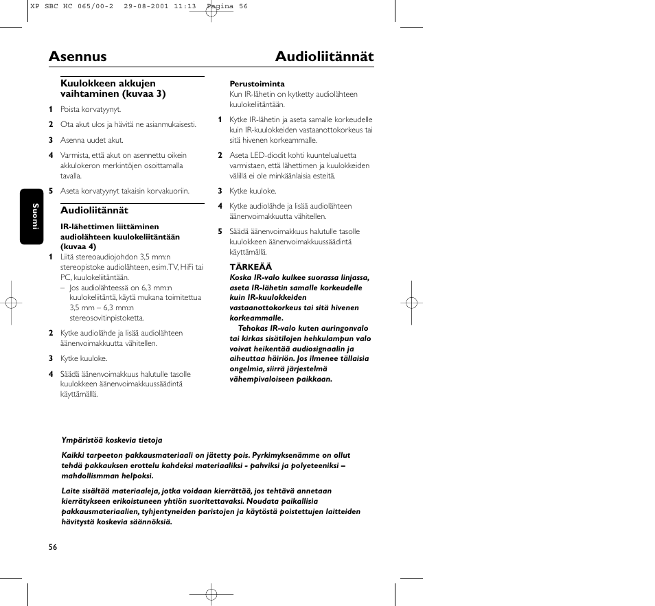 Asennus audioliitännät | Philips HC065 User Manual | Page 56 / 85